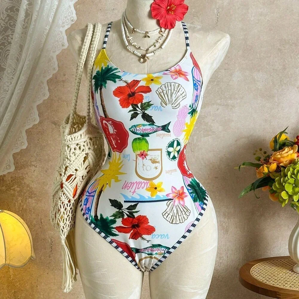 Multicolor Casual Women's Tropical Floral Print Stripe One piece Swimsuit